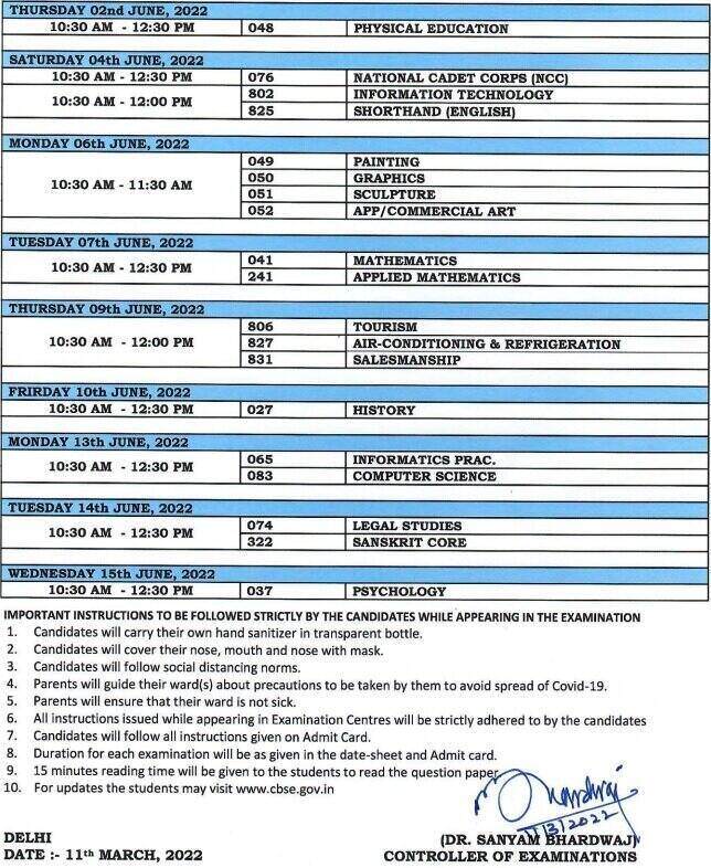 Cbse Class 12th Date Sheet 2023 Pdf Download 12th Class Time Table